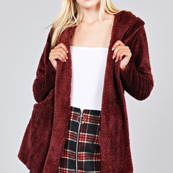 1 LEFT Burgundy Faux Fur Hooded Jacket - Picture 2 of 5